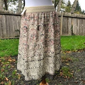 GNW brand Midi skirt with Lace outer floral layer in cream, black, and pink hues